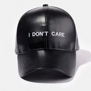 Black Faux Leather Baseball Cap with "I DON'T CARE" Embroidery